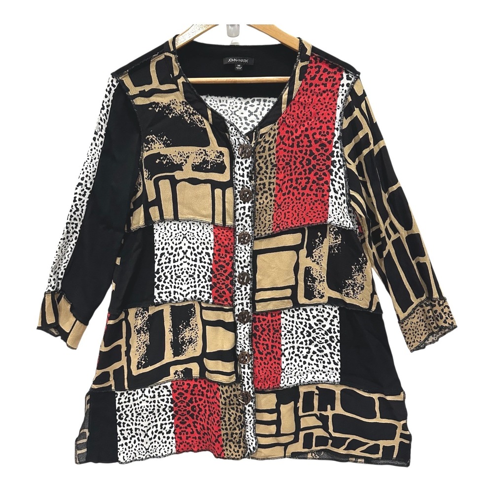John Mark Womens Mixed Print Patchwork Button Front Tunic Top Animal Geo Medium